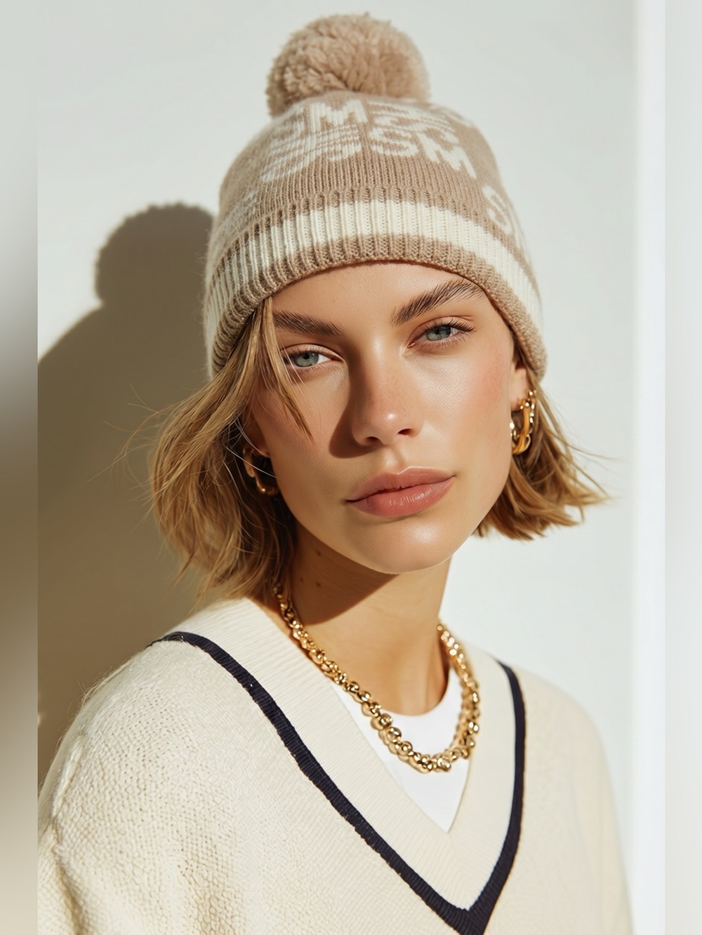 Steve Madden Tan and Cream Pom-Pom Beanie